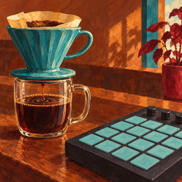 Coffee beat, a lo-fi sound in the Wake & Wind app: pour-over coffee beside a drum pad