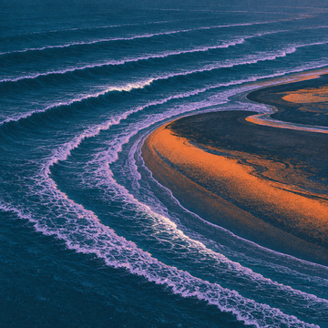Longshore waves, an ocean sound in the Wake & Wind app: waves curling onto a beach at dusk