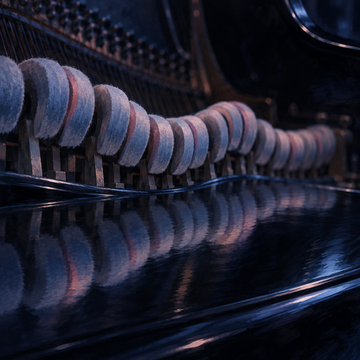 Ebbing piano, a slow music sound in the Wake & Wind app: piano hammers in low light