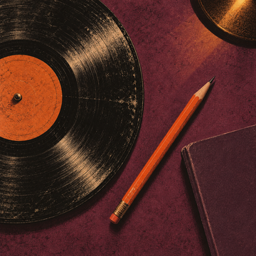 Worn vinyl jazz, a café jazz sound in the Wake & Wind app: a vinyl record and a pencil on a desk