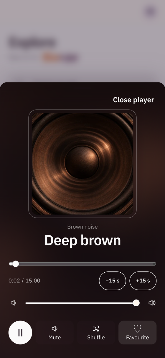 Wake & Wind app player playing the Deep brown noise track, with skip, mute and shuffle controls