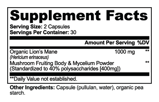 Lion's Mane AM Supplement Facts panel: serving size 2 capsules, 1,000 mg lion's mane fruiting body and mycelium powder, 40% polysaccharides; capsule of pullulan and water