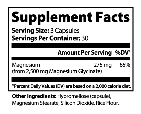 Magnesium PM Supplement Facts panel: serving size 3 capsules, 275 mg magnesium (65% DV) from 2,500 mg magnesium glycinate; hypromellose capsule