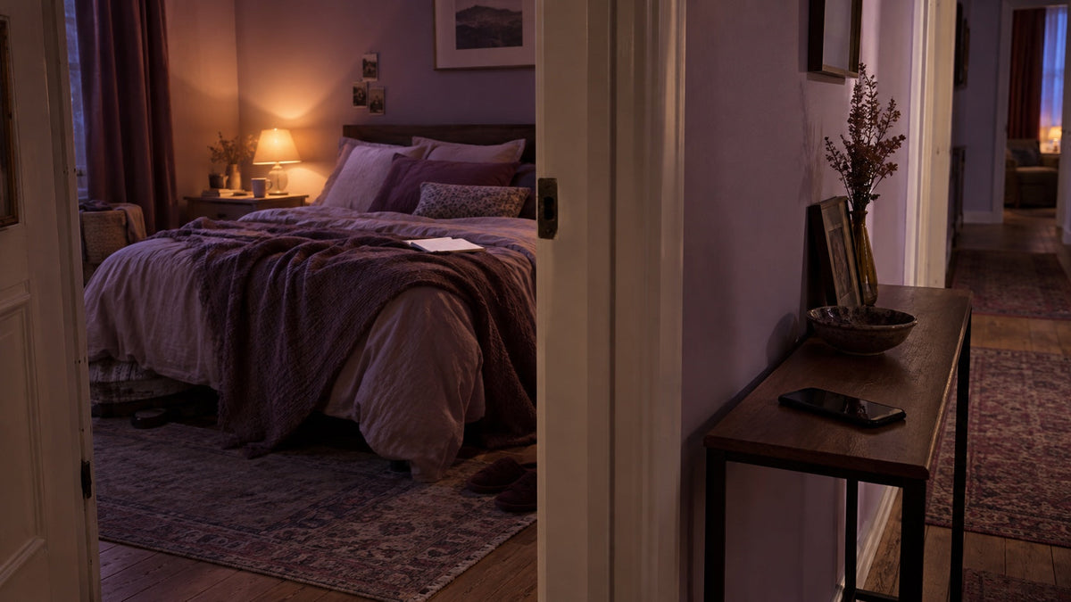 A low plum lamp beside a paper list, with a phone left in the hallway beyond.