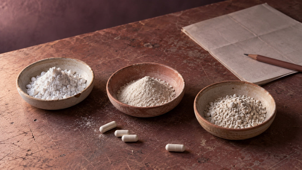 Three small dishes of plain white capsule powder arranged on a plum and clay work surface.