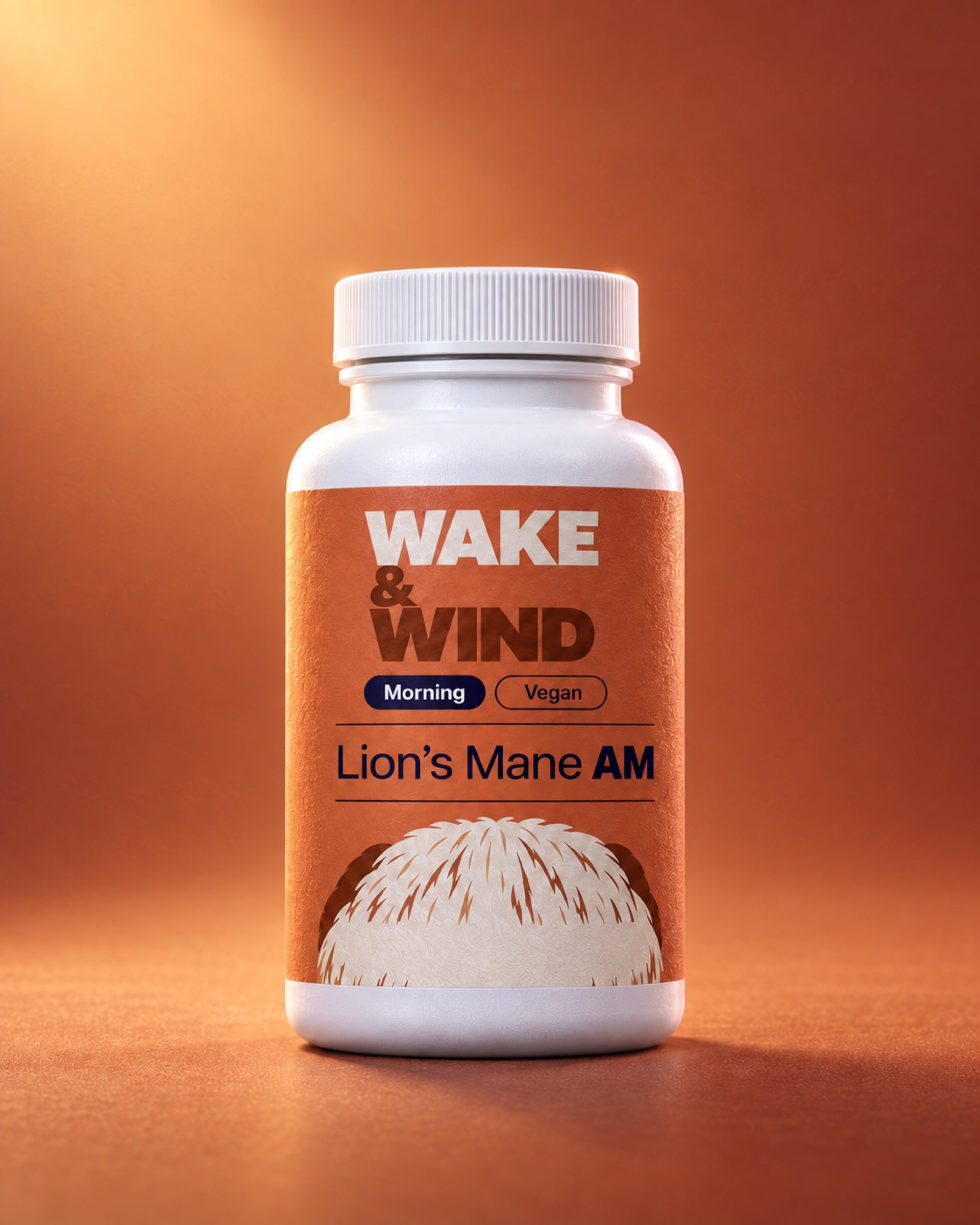 Lion's Mane AM bottle by Wake & Wind, front label marked Morning and Vegan, 60 lion's mane mushroom capsules