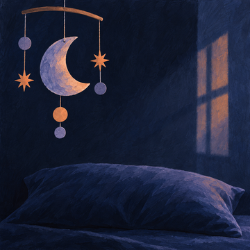 Paper moon, a slow music sound in the Wake & Wind app: a moon mobile over a pillow at night