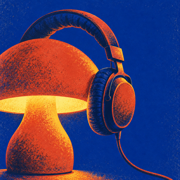 Mushroom lamp, a downtempo sound in the Wake & Wind app: headphones over a glowing mushroom lamp