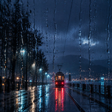 Tramway rain, a rain sound in the Wake & Wind app: a tram on a rainy night street