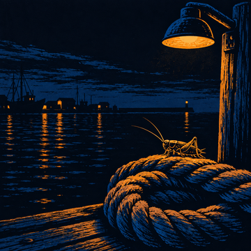 Harbour crickets, a night sound in the Wake & Wind app: a cricket on a harbor rope under a lamp