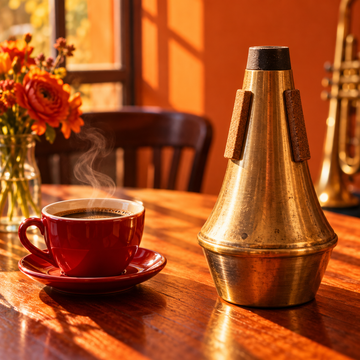 Sunday brunch, a café jazz sound in the Wake & Wind app: coffee and a trumpet mute in a sunny café
