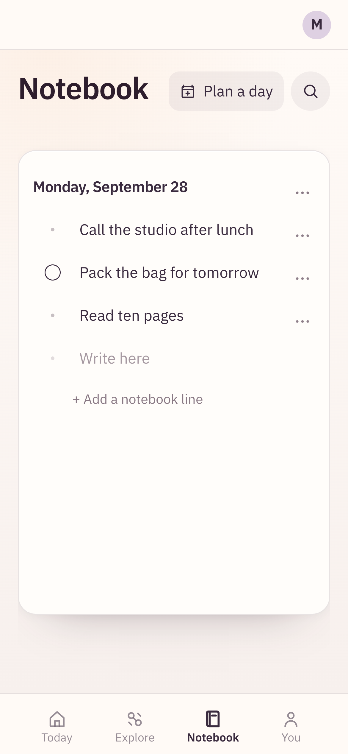 Wake & Wind app Notebook with a dated page of tasks for the day