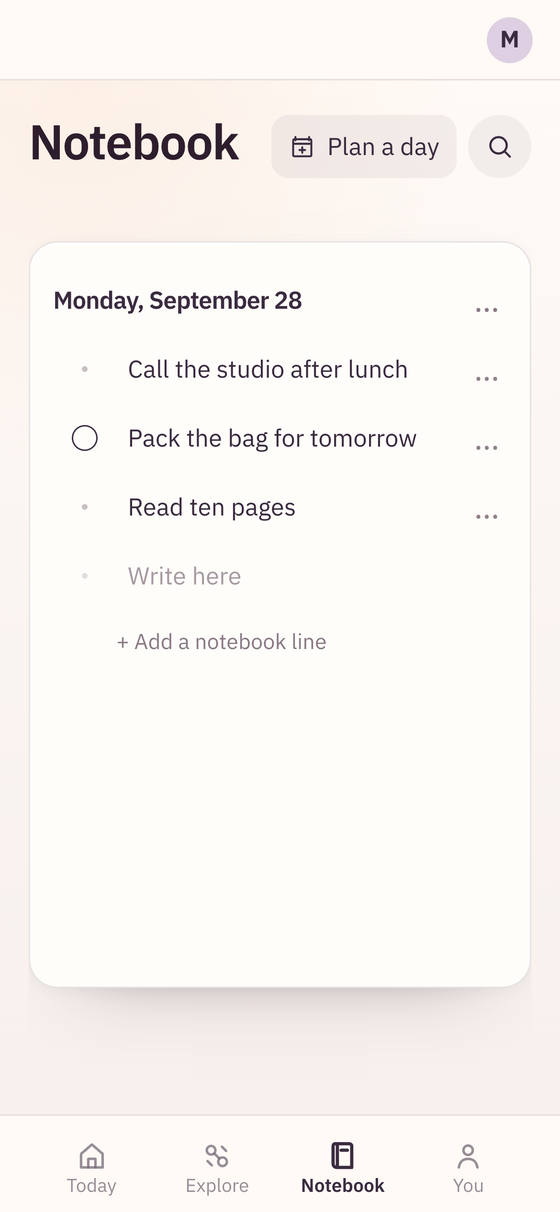 Wake & Wind app Notebook with a dated page of tasks for the day