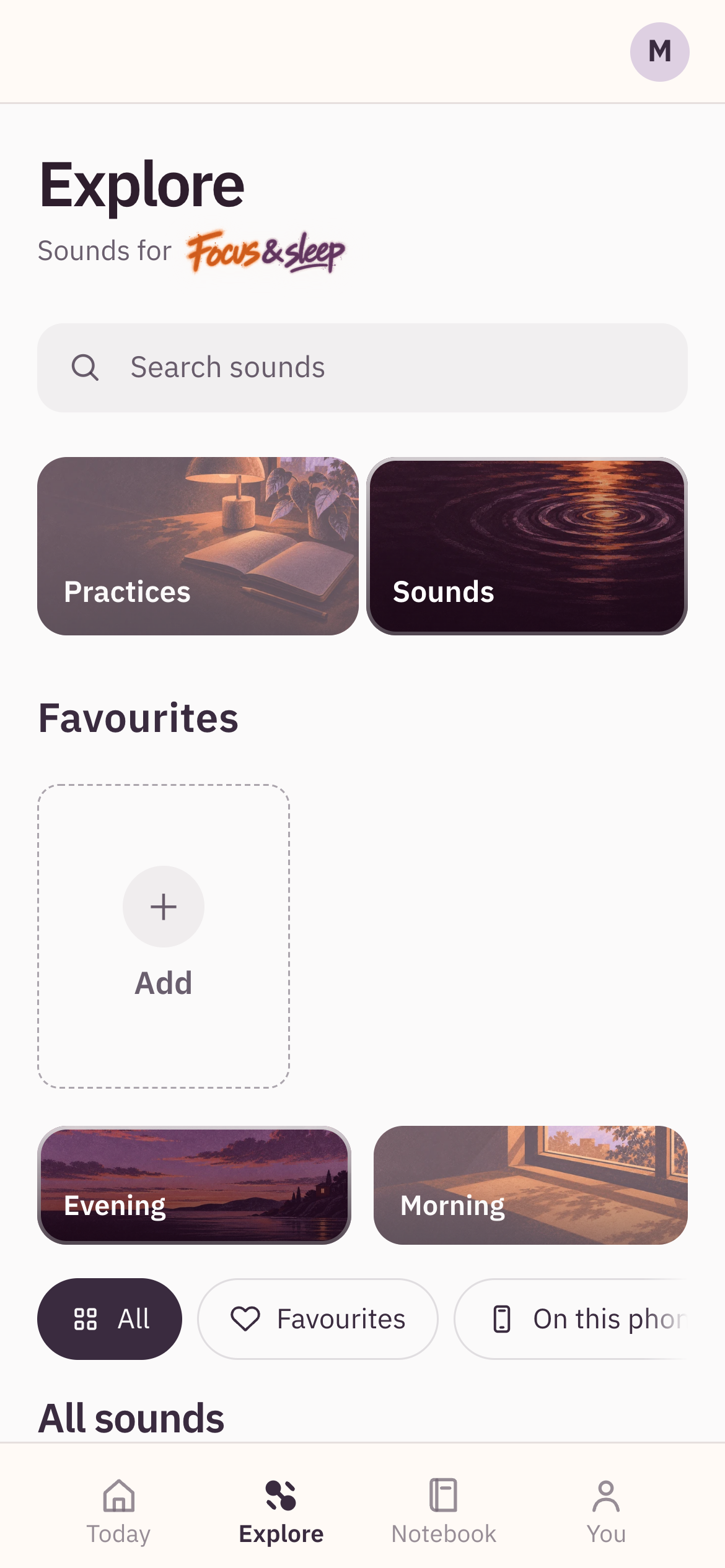 Wake & Wind app Explore screen with practices, sounds and focus and sleep categories