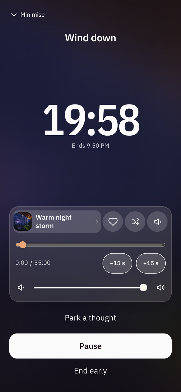 Wake & Wind app wind-down timer running with the Warm night storm sound
