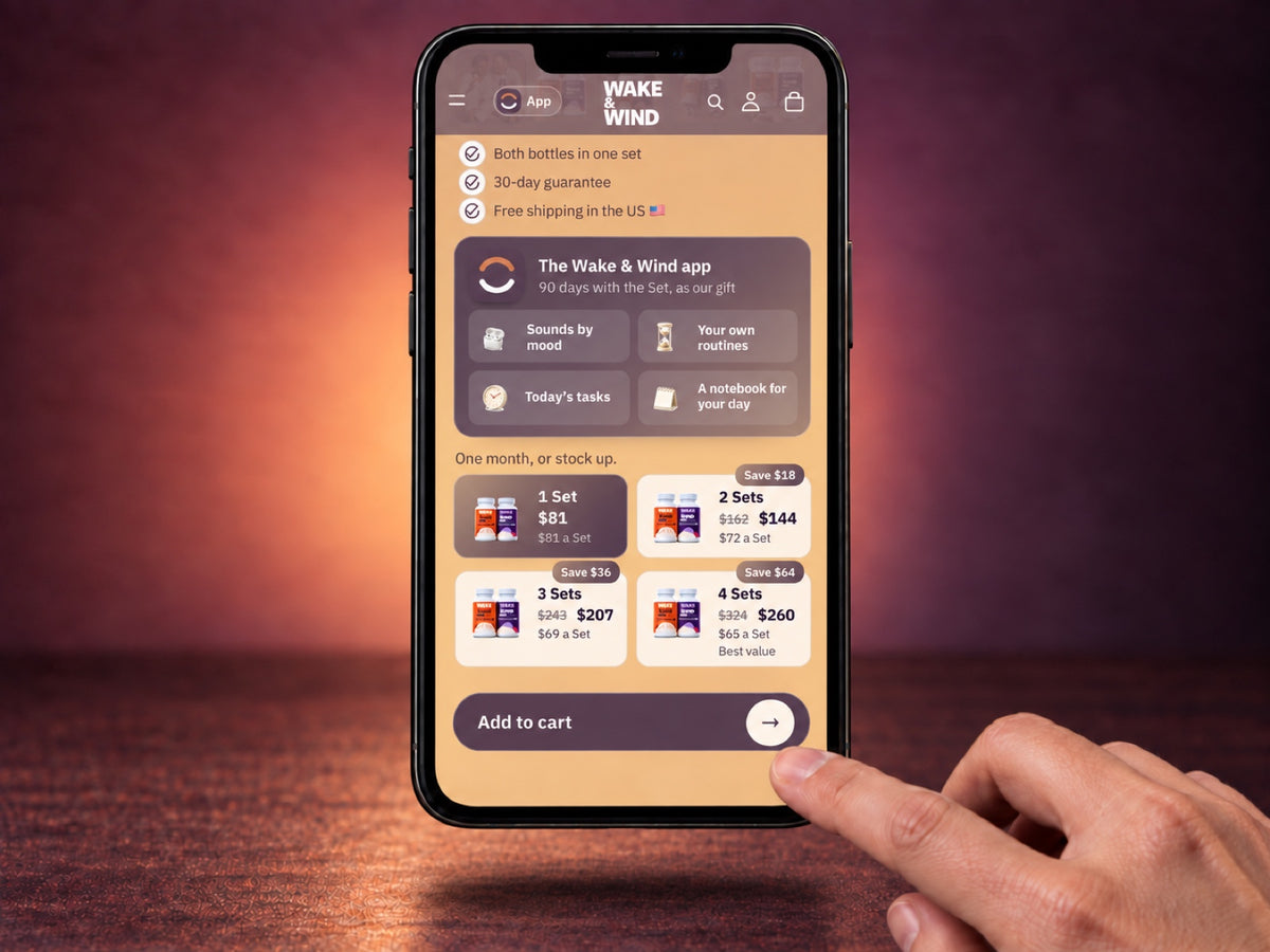 A phone showing the Wake & Wind Set page, where the app comes with the Set as a gift