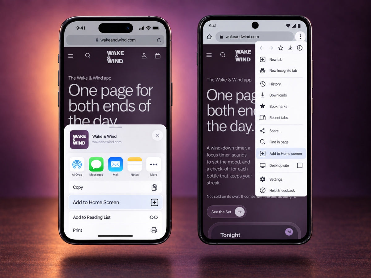 Two phones showing how to add the Wake & Wind app to the home screen on iPhone and Android