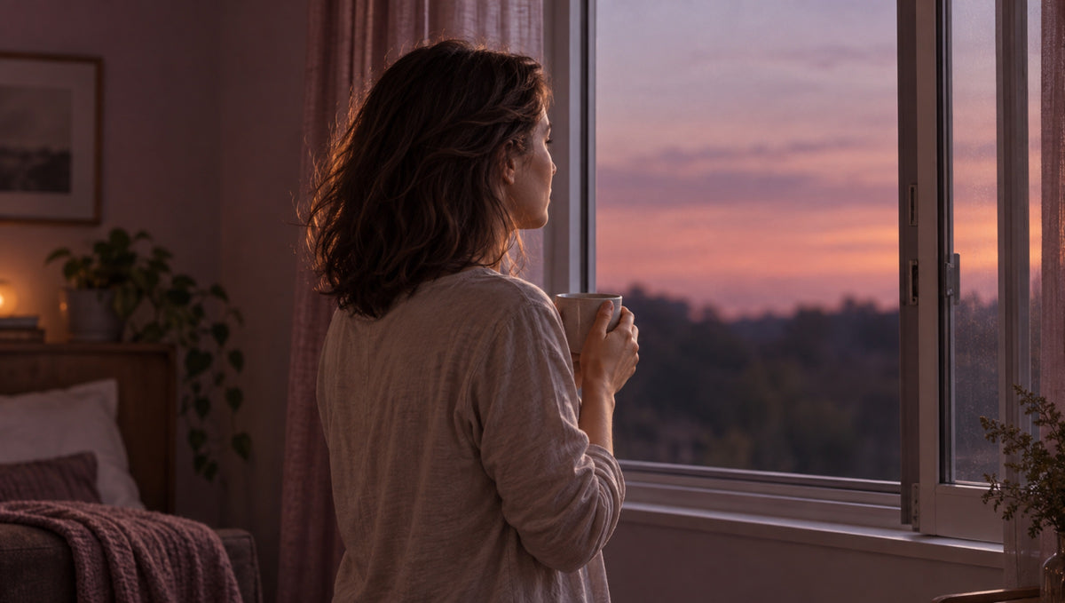 A woman with a mug looking out a bedroom window at dusk