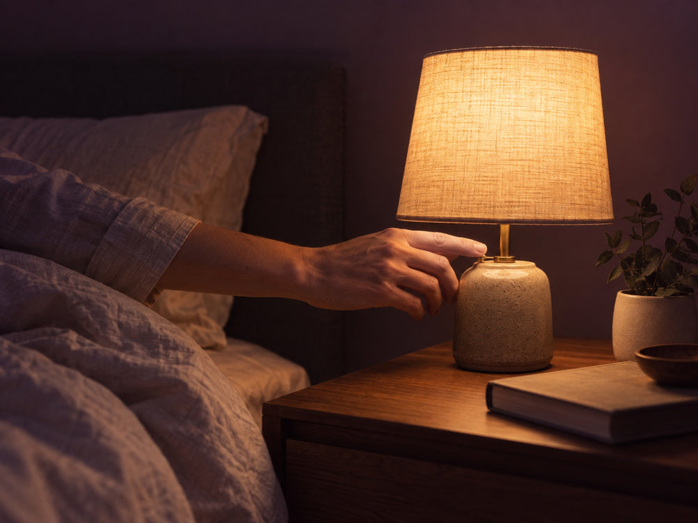 A hand switching off a bedside lamp next to a book, the last minutes before bed