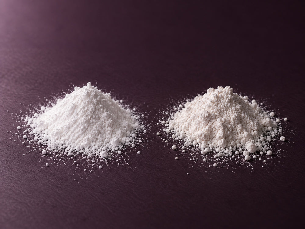 Two piles of white magnesium powder side by side, comparing two magnesium forms
