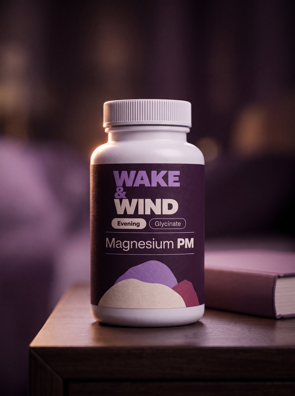 Magnesium PM magnesium glycinate bottle on a bedside table beside a closed book in the evening