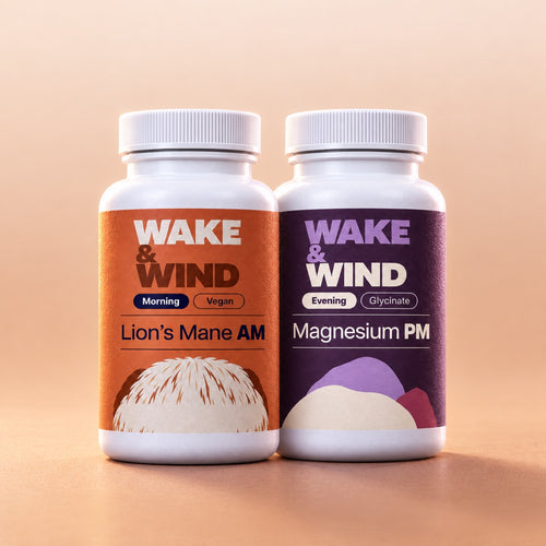 Lion's Mane AM and Magnesium PM bottles side by side on a plain background