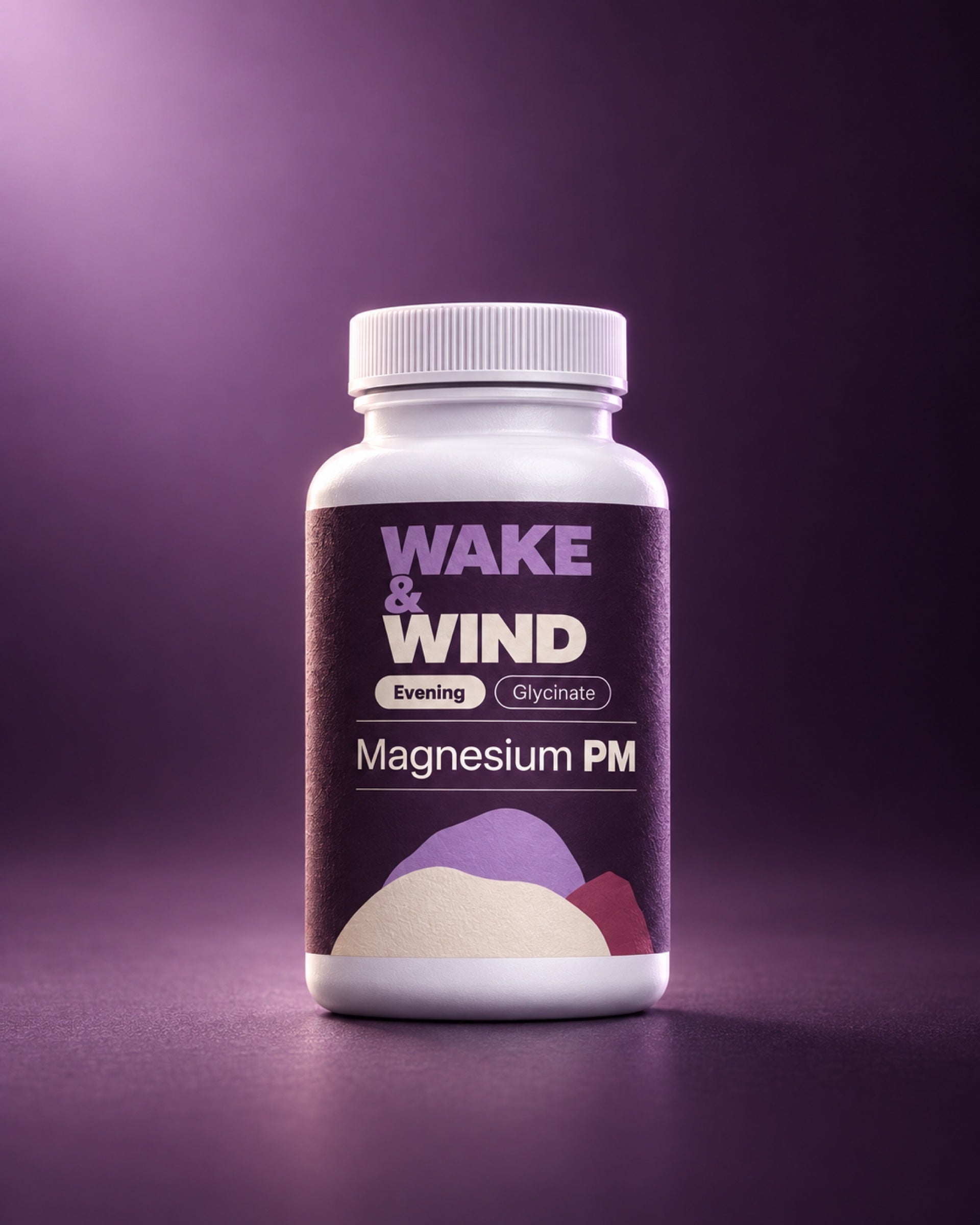 Magnesium PM bottle by Wake & Wind, front label marked Evening and Glycinate, 90 magnesium glycinate capsules