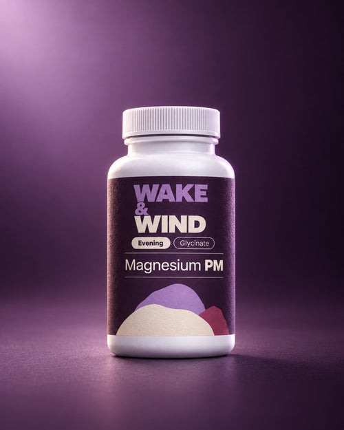 Magnesium PM bottle by Wake & Wind, front label marked Evening and Glycinate, 90 magnesium glycinate capsules