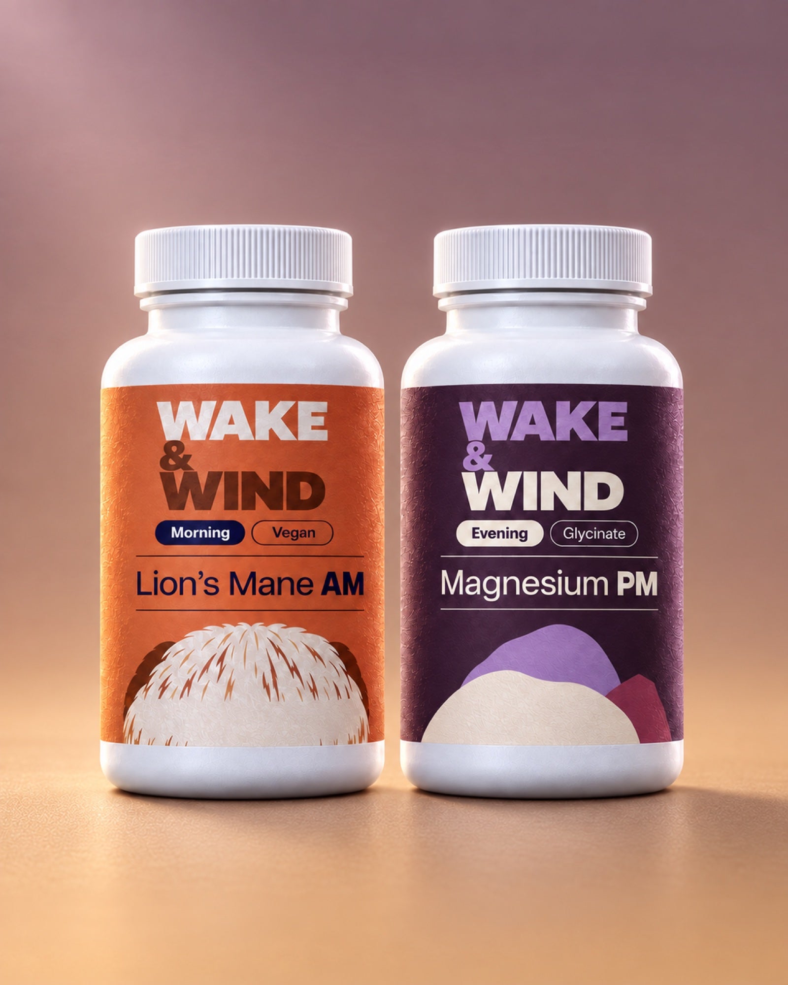 Wake & Wind Set: Lion's Mane AM and Magnesium PM bottles side by side, the morning and evening supplements