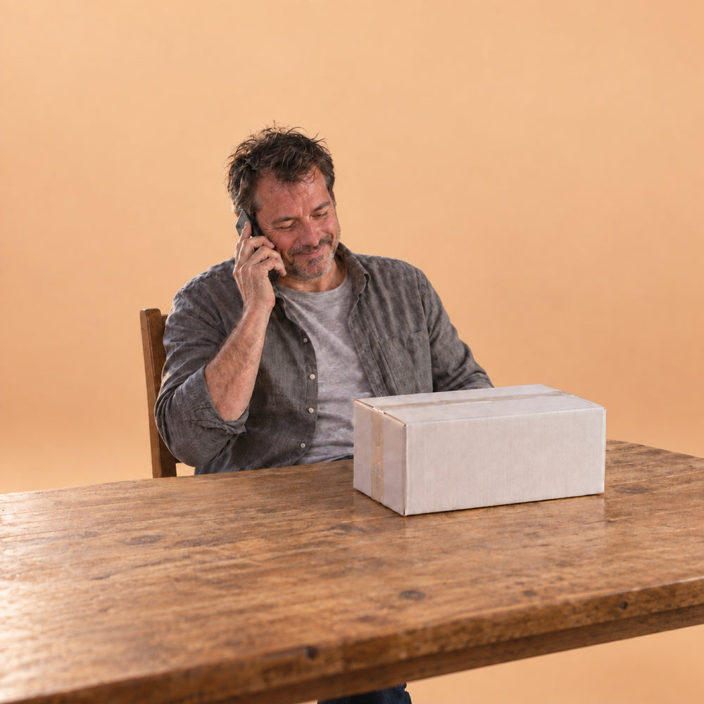 A man on the phone at a kitchen table with a sealed Wake & Wind box, arranging a return within 30 days